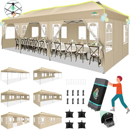 Image of COBIZI 10x30 Pop Up Canopy One Push Party Tent with Air Vent Waterproof Commercial Outdoor Patio Gazebo with 8 Removable Sidewalls, 3 Adjustable Height for Parties, Roller Bag, Sandbag, Khaki