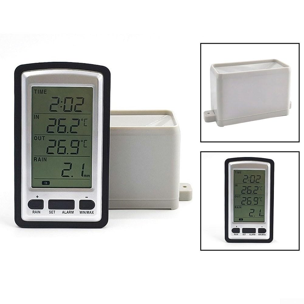 Digitale Funk-Wetterstation mit Regenmesser, RCC-Funkuhr, Innen- und Außentemperatur, Niederschlagsdaten für Stunde/Tag/Woche/Monat, einstellbare Alarmfunktion, weiß/schwarz