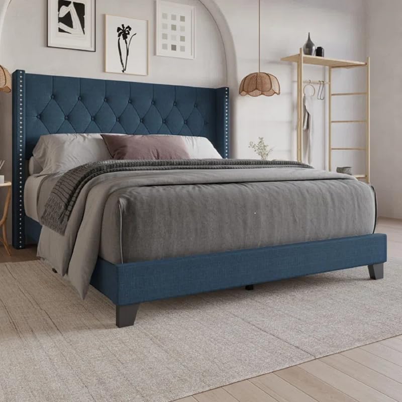 Image of HITHOS Solid Wood Modern Upholstered King Size Bed with Tufted Headboard and Without Storage | Wooden Double Bed Cot Furniture for Home Hotel Bedroom Living Room (Denim Blue) 1 Year Warranty