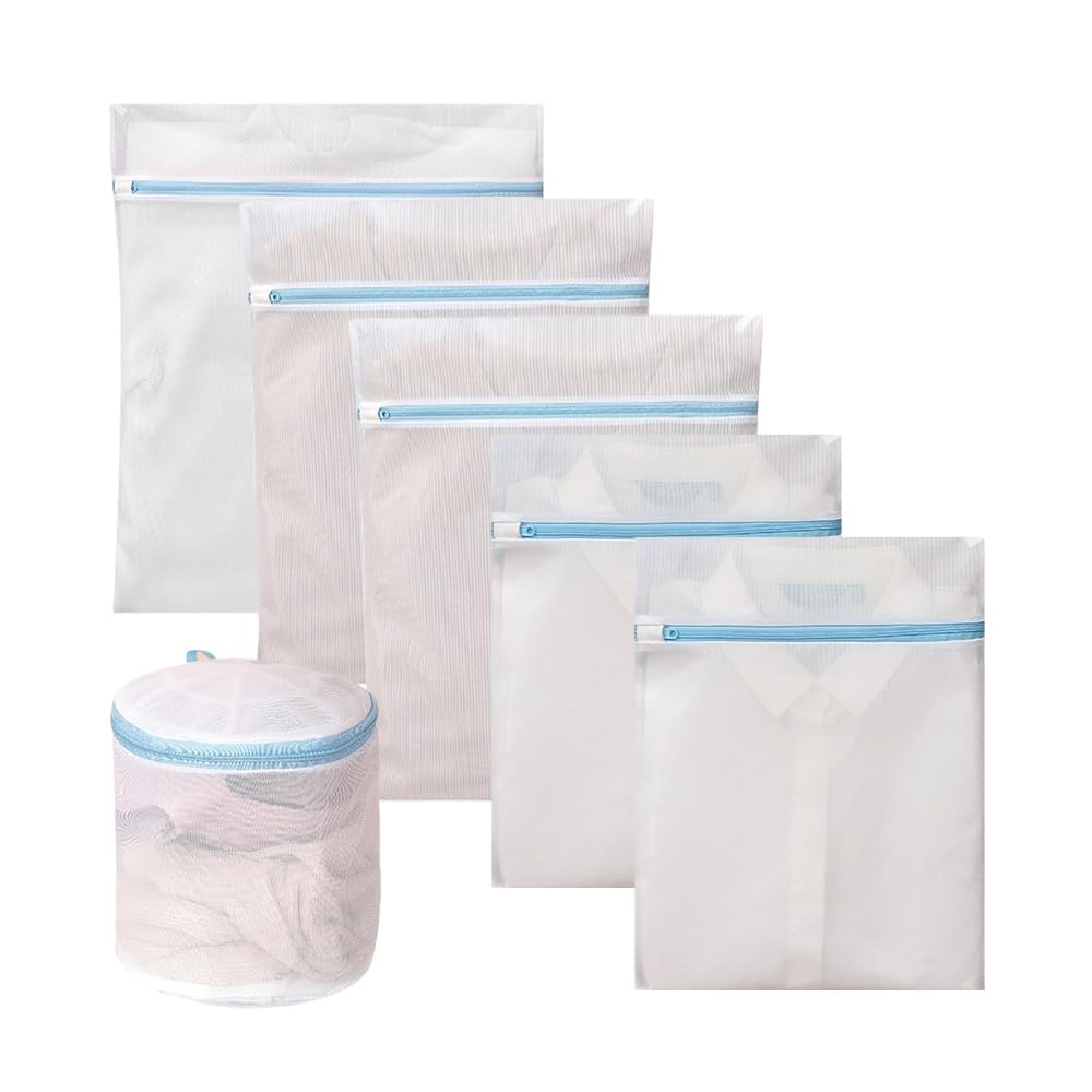 6 Pack Mesh Laundry Bags for Delicates with Auto-Lock Zipper, Durable Fine Washing Bag for Lingerie, Socks, Baby Clothes, Reusable Garment Bags for Travel, Storage & College Dorm (1L 2M 2S 1Bra Bag)