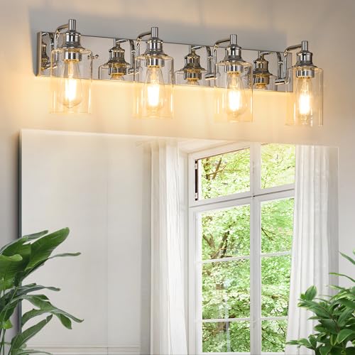 Image of 4-Light Bathroom Light Fixtures Modern Chrome Vanity Lights for Bathroom Lighting Fixtures Over Mirror for Cabinet Mirror Bedroom Hallway
