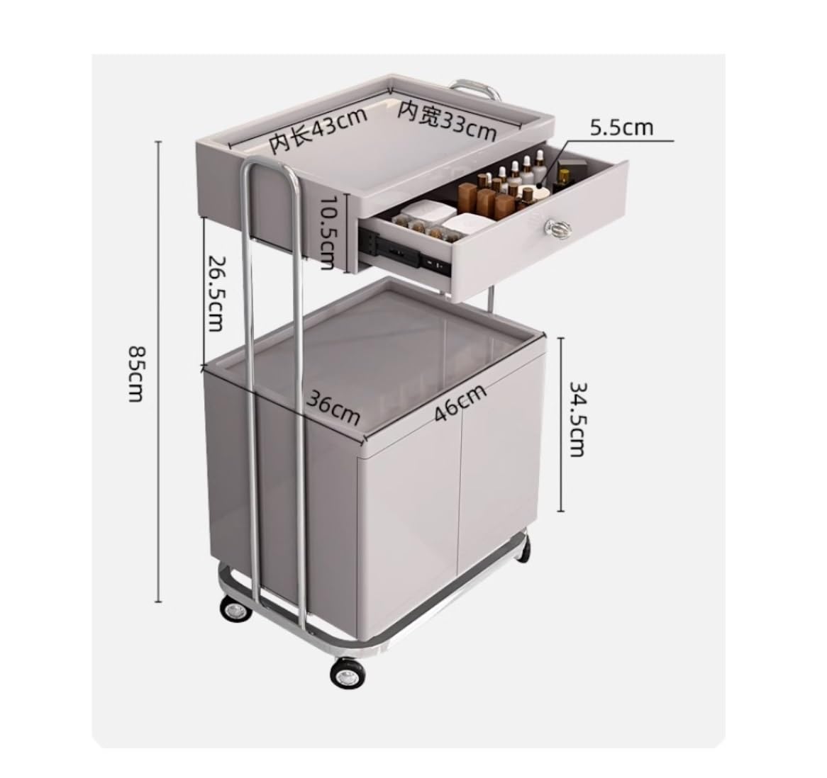 Carrello Beauty Carrello per Salone di Bellezza A 2 Livelli con Cassetto E Ante dell'Armadio Mobile Ruote per Parrucchiere Hair Stylist(Silver+Gray)