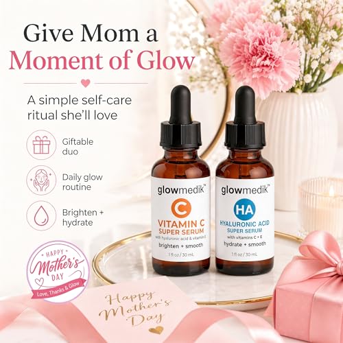 Glowmedik Mother’s Skincare Kit - Vitamin C Serum for Face and Hyaluronic Acid Serum Bundle, Brightening facial serums Skincare Set with Vitamin E, Aloe, Centella & Jojoba, Mother’s Day