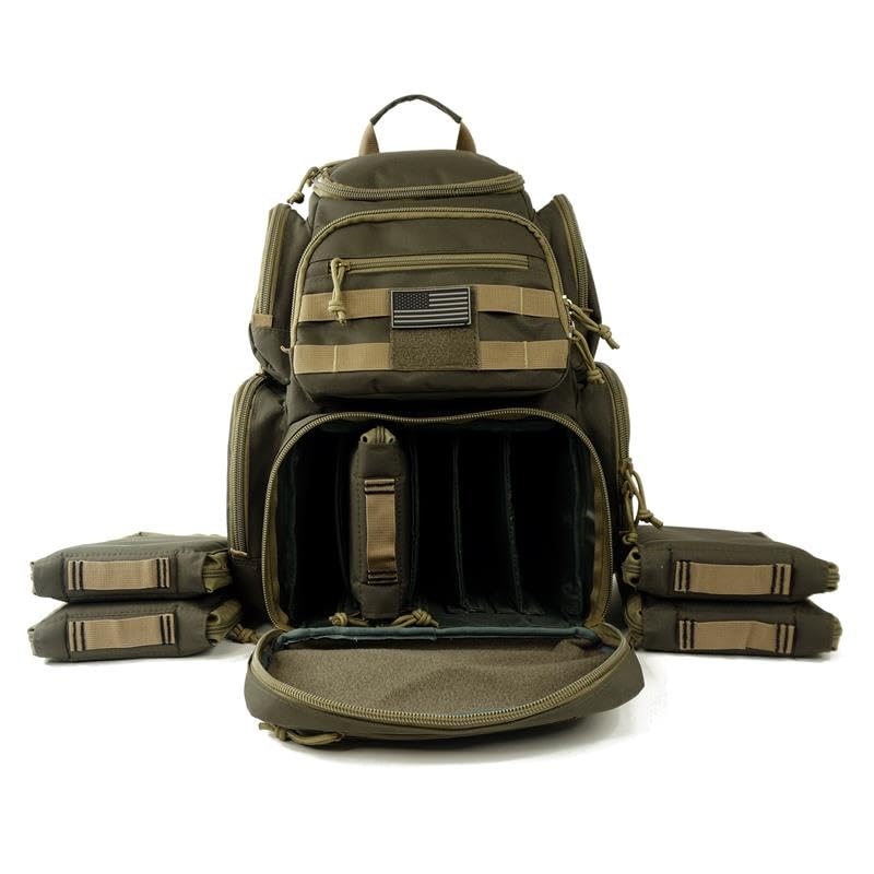 NiceAndGreat Tactical Lockable Range Backpack with 5 Pouches & Free USA Flag Patch Khaki