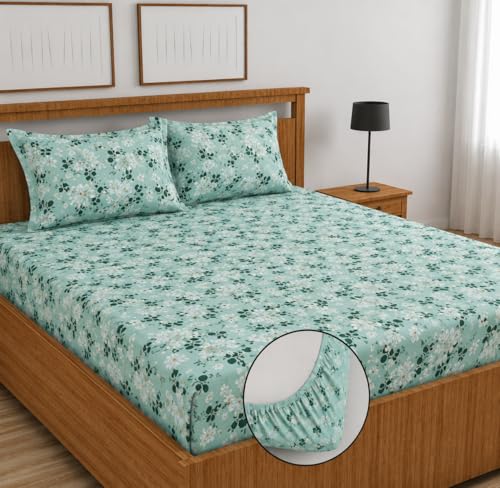 Image of 230 TC Glace-Cotton All Around Elastic Fitted Bedsheet, Elastic Fitted Bedsheet King Size Bedsheet for Double Bed with 2 Pillow Covers, Size - 72 x 78 x 8 Inch Color White