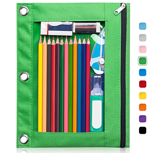 Forvencer 3 Ring Binder Pencil Pouch with Smooth Zipper Clear Window Pencil Case Big Capacity Pencil Bag with 3 Reinforced Grommets Green