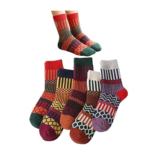 Image of 5-Pairs Vintage Knitting Stripe Reindeer Wave Pattern Women's Fluffy Cute Crew Socks Warm Soft Cotton Calf Socks