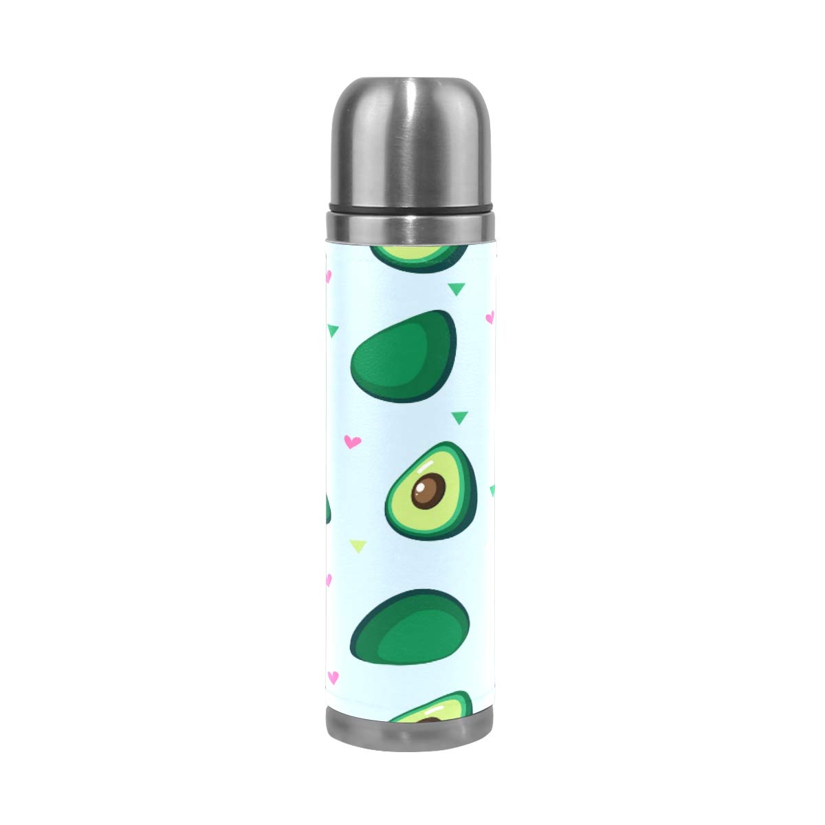 Taza de viaje aislada al vacío de acero inoxidable con doble pared a prueba de fugas, botella de aguacate, impresión personalizada impresa en piel auténtica, termo de 500 ml