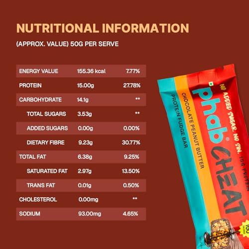 Image of Phab Cheat Protein Bar - Chocolate Peanut Butter | High Protein Snack (15g) | No Added Sugar | Low Calorie Fudge Bar | Healthy Guilt-Free Snack | Pack 12-50g each