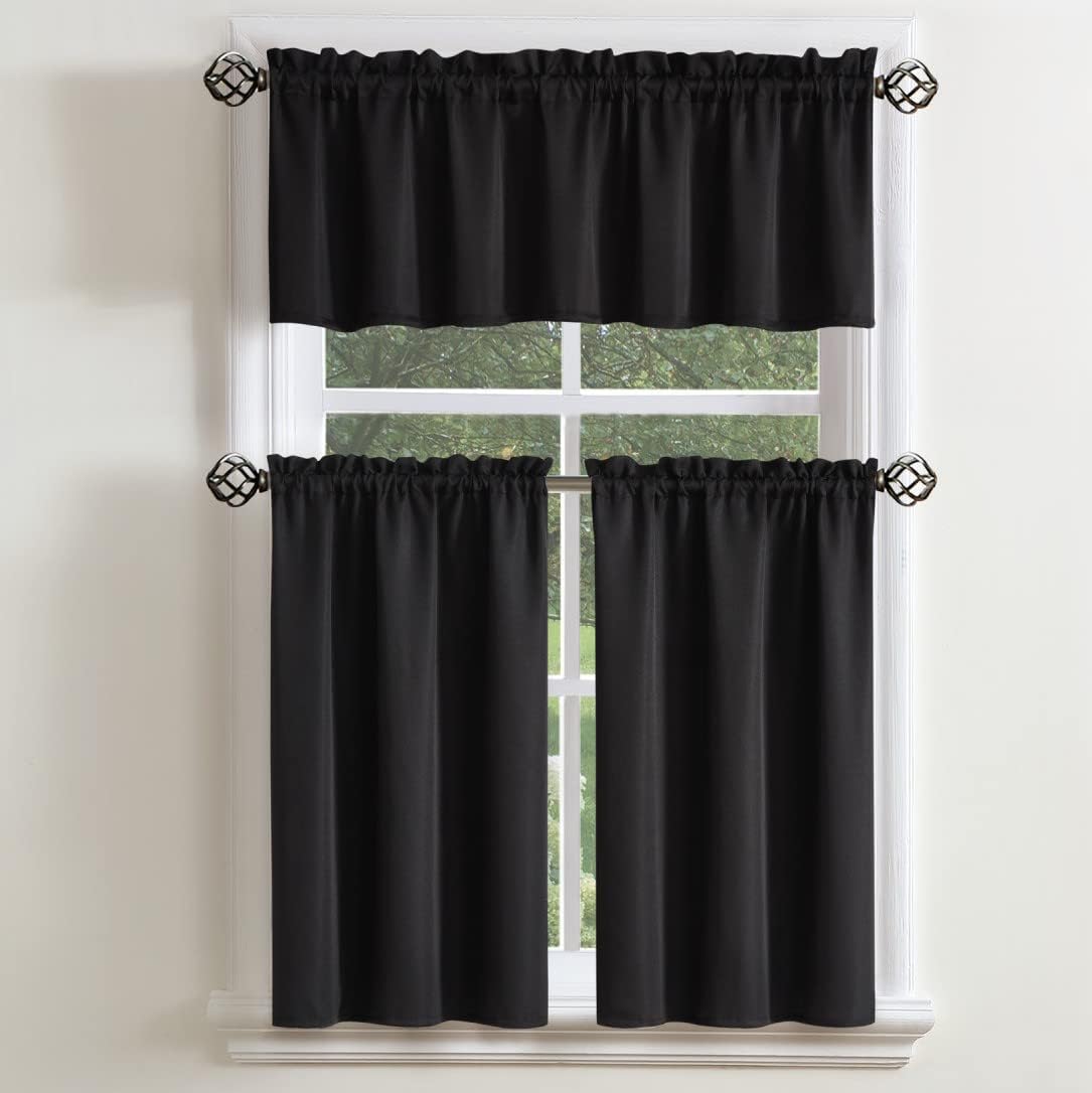 Curtainworks Solid Twill 3-Piece Kitchen Curtain Set, Rod Pocket, 29W x 36L Tier Pair, 58W x 12L Valance, Black