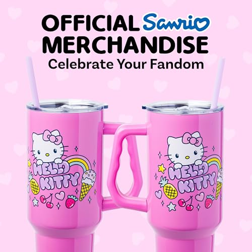Image of Silver Buffalo Sanrio Hello Kitty Summer Double Walled Stainless Steel Tumbler with Handle, Fits in Standard Cup Holder, 40 Ounces
