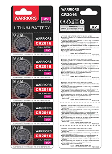 Warriors 5X 2016 Batterie Knopfzellen CR2016 Batterien 3V, kindersichere Verpackung, für den Einsatz in Schlüsselanhängern, Waagen, medizinischen Geräten. 5