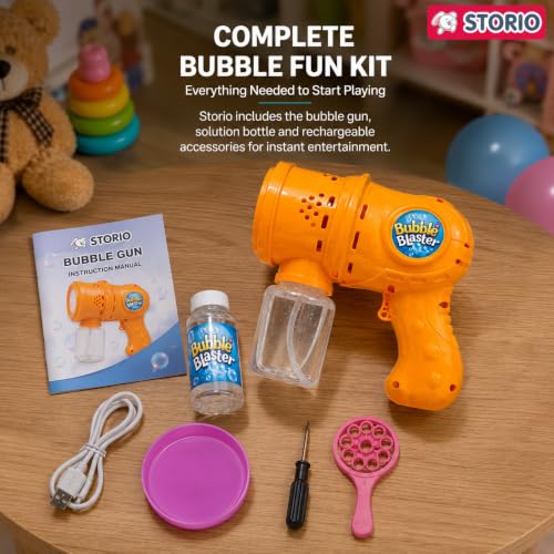 Image of Storio Automatic Bubble Gun for Kids, Rechargeable Electric Bubble Machine with Solution, One Touch Bubble Blower Toy for Indoor Outdoor Party, Gift for Toddlers Boys Girls - Orange