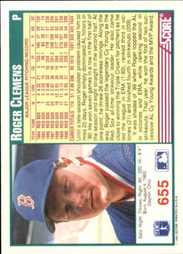 Amazon.com: 1991 Score Baseball Card #655 Roger Clemens