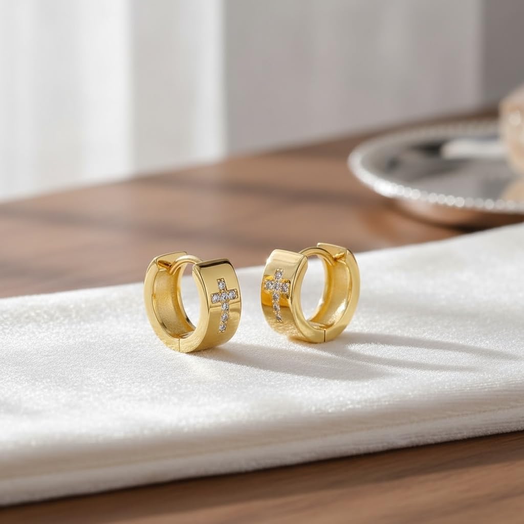 CZ Cross Yellow Gold Huggie Hoop Earrings, 18K Gold Plated Small Hinged Earrings with Cubic Zirconia, Religious Fashion Jewelry for Women - Image 4