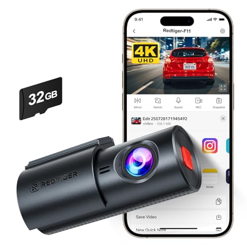 REDTIGER 4K Dashcam Auto Vorne, Diebstahlschutz Dash cam mit Nachtsicht, WDR, Loop-Aufzeichnung, WiFi, Installation in Zwei Schritten, Inklusive 32GB-Karte, Unterstützt Max 256 GB,24H-Parkmodus(F11)
