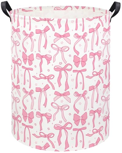 Image of Baby Laundry Basket Kids Hamper Toy Storage Bin for Boys Room Decor Baby Nursery Hamper Gift Baskets for Bedroom Bathroom(Pink Bowknot)