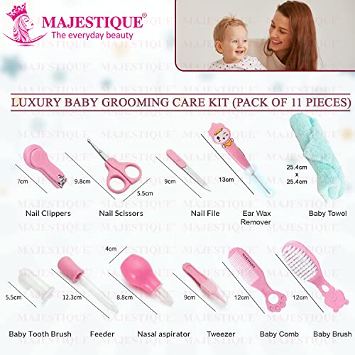 Image of Majestique 11-in-1 Baby Grooming Kit | Portable Newborn Baby Grooming Set | Complete Manicure & Healthcare Kit for Infants, Toddlers, and Kids (Pink)