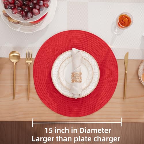 Image of SHACOS Round Placemats Set of 4 Non Slip Washable Place Mats 15 inch Cotton Polyester Braided Placemat for Christmas Home Wedding Party Dining Table Decor (Red, 4)