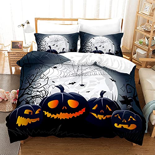 Housse de Couette 140x200 Halloween Cimetière Effrayant de Citrouille Parure de Lit Toile D'araignée de Chauve-Souris 1 Personne en Microfibre Douce Imprimée 3D, avec 2 Taies d'oreiller 65x65 cm Cover