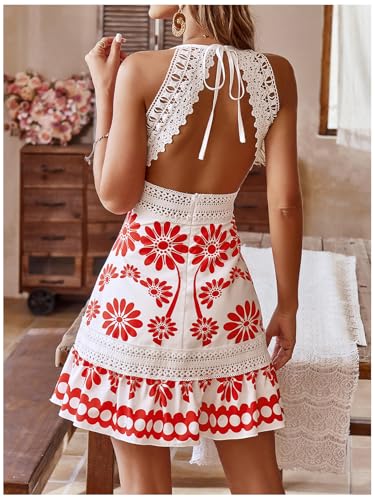 Image of Floerns Women's Contrast Lace Sleeveless Halter Dress Backless Vacation A Line Dress