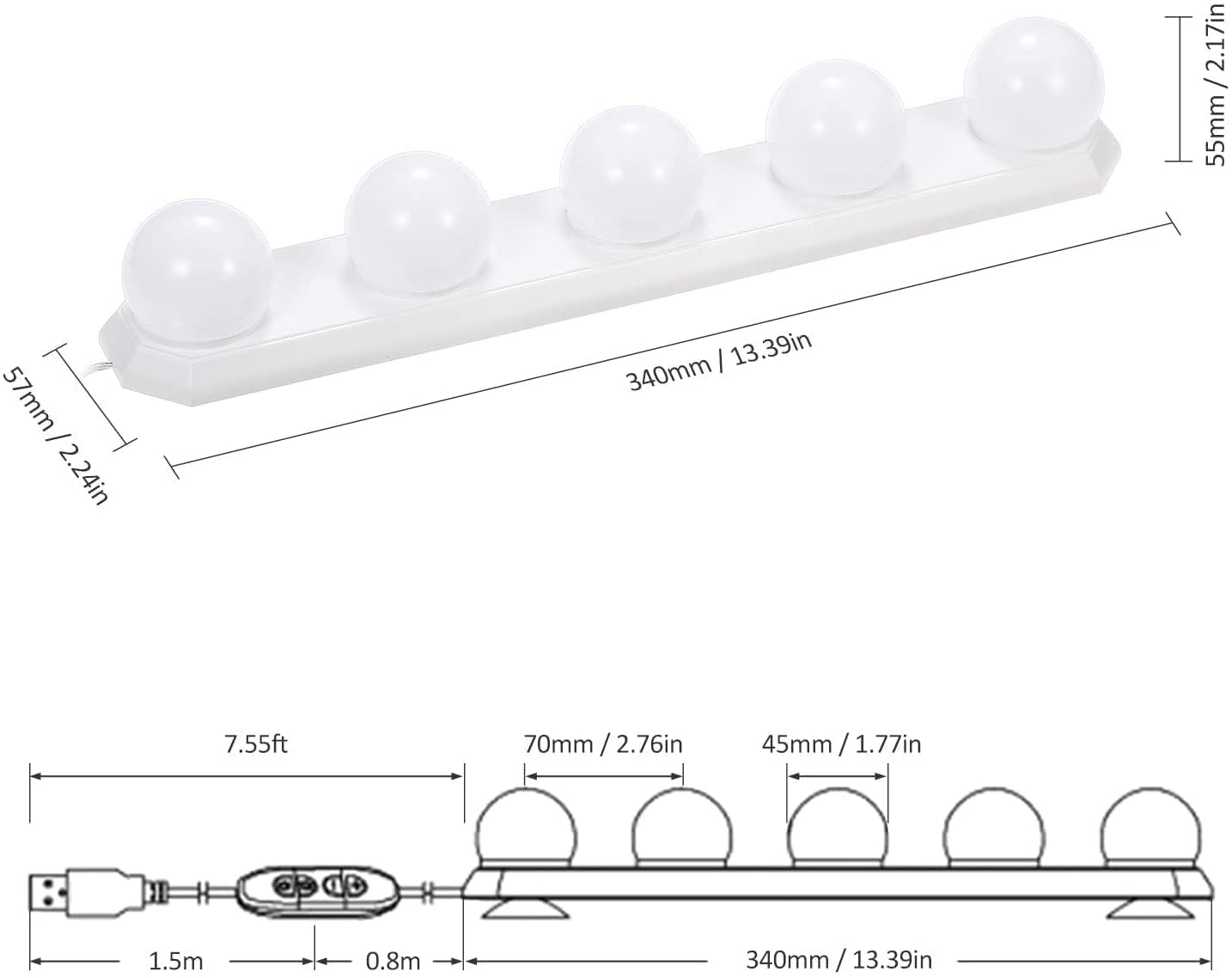 LED Luces de Espejo de tocador USB Regulable 3 Colores 10 Niveles de Brillo con 5 Bombillas Cable USB de 7.55 pies de Largo para Maquillaje DIY Lámparas de Espejo de ba?o Luces de ba?o