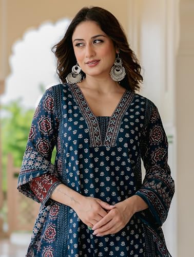 Image of Arayna Women's 100% Pure Cotton Printed Ethnic Suit | A-Line Kurta Set with Pant & Dupatta