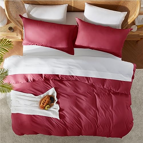 Nestl Queen Duvet Cover Set with Comforter Insert - Burgundy Red 4 Piece 90x90 Duvet Cover & 2 Pillow Shams with White Quilted Down Alternative Comforter, Ultra Soft, All Season