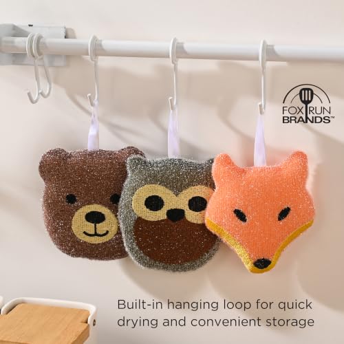 Image of Fox Run Woodland Animal Sponge Set, Non-Abrasive Fox, Owl & Bear Scrubbers | Easily Clean Plates, Pots & Glasses | Dish Sponges For Nonstick Pans | Cute Kitchen Decor | Reusable Animal Scrub Sponge Set