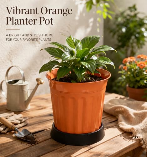 Image of TechHark Orange Plastic Plant Pots with Saucer, Ribbed Style, for Indoor and Outdoor Use, Set of 5