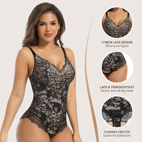 Lace Shapewear Bodysuit for Women V Neck Seamless Tummy Control Bodysuit Adjustable Straps Sculpting Thong Body Shaper3
