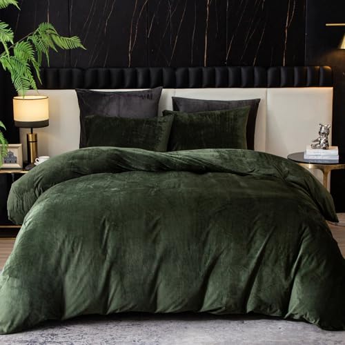 Ivellow Velvet Duvet Cover Queen Set Dark Green Comforter Cover