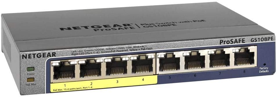 NETGEAR 8-Port Gigabit Ethernet Smart Managed Plus PoE Network Switch, Hub, Internet Splitter (GS108PE) - with 4 x PoE @ 53W Upgradeable, Desktop/Rackmount, and ProSAFE Lifetime Protection