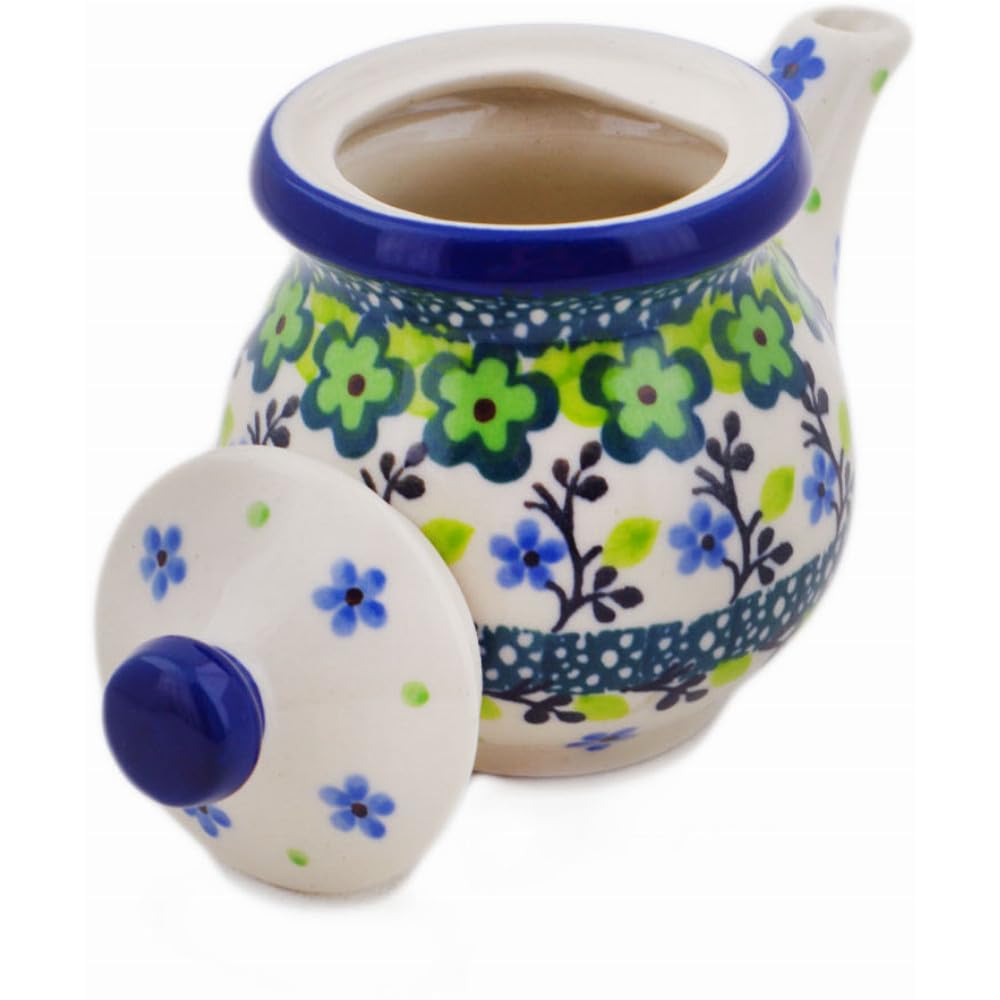 Authentic Polish Pottery Creamer with Lid Signature UNIKAT in Green Chrysanthemums Design Handmade in Boles?awiec Poland by Ceramika Artystyczna + Certificate of Authenticity