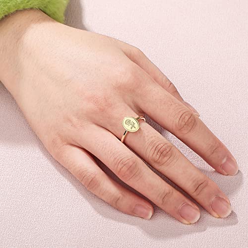 Drawelry Engraved Flower Signet Ring: Handmade Botanical Floral Minimalistic Statement 18K Dainty Gold Plated Silver Oval Finger Ring Delicate Jewelry Gift For Women Girls (Sunflower Gold, 6.0) (Sunflower Gold, 7.0) #TOP5