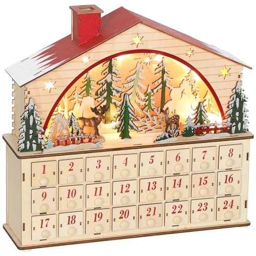 HOMCOM Calendrier de l'Avent lumineux en bois, calendrier de l'Avent à remplir avec 24 tiroirs, décoration de Noël réutilisable avec scène de village, fonctionne à...