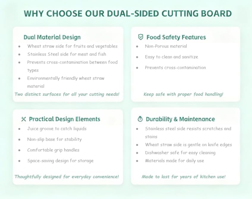 Miniatura 3 de Tabla de cortar de acero inoxidable para cocina, tabla de cortar de doble cara, acero inoxidable puro de grado alimenticio y paja de trigo PP, fácil