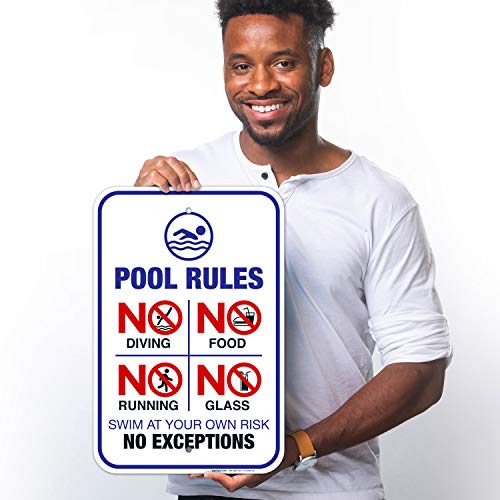 Pool Rules Sign, No Diving Pool Sign, 12x18 Inches, 55 mil thick HDPS (high density polystyrene), Made in USA by Sigo Signs
