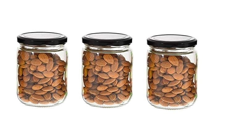 Image of Glassbunny 500ml Glass Jar with Rust Proof Air Tight Black Lid, Suitable to Use in Your Home Office, Kitchen Storage, Pack of 3