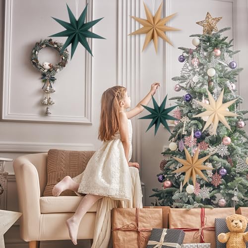Image of 12 Inches 5 PCS Brown Green Beige Paper Star Lanterns Christmas Party Decorations Hanging Stars Christmas Party Decorations Wedding Birthday Christmas Home Party Decorations(9 Pointed)