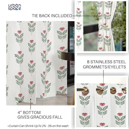 Image of Urban Space 100% Cotton Floral Curtains 8 Feet Long Set Of 2, 60-65% Room Darkening, Decorative Curtains With Eyelets /Rings For Hanging, Tieback Included (Amara Dark Pink, Long Door - 8 Feet)