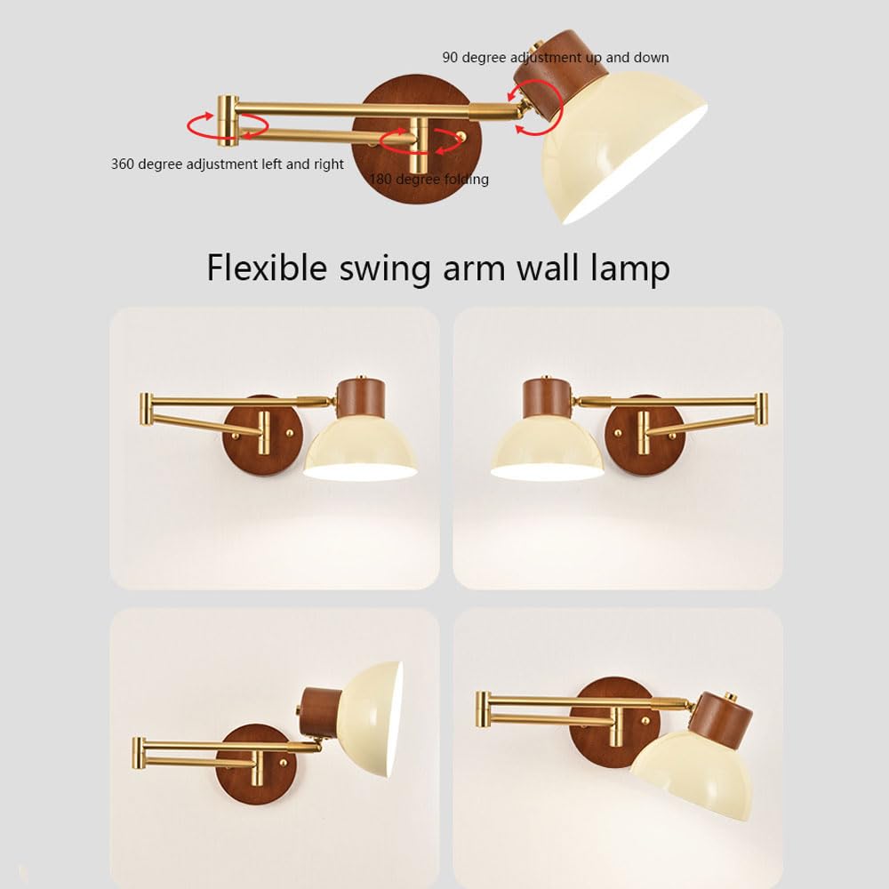 Lámpara de pared de cabecera de madera nórdica, aplique de pared con brazo oscilante dorado, cabecera ajustable flexible, iluminación de lectura, pantalla de metal crema, accesorio de iluminac
