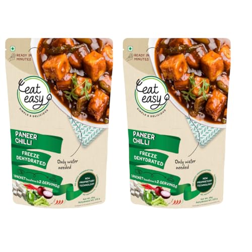 Image of Eat Easy Ready to Eat Paneer Chilli 95g (Pack of 2) After Preparation 235g | Just Add Hot Water & Cook, Freeze Dried Instant Protein Rich Paneer with Spices & Vegetables for Travelers, Trekkers, Student
