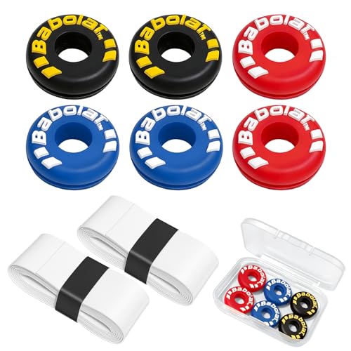 Tire Shape Tennis Dampener with Storage Box Tennis Racket Vibration Dampener + 2 Soft Overgrips Tennis Equipment Set for Racquet String Shock Absorber (2Black 2Blue 2Red 2Overgrip)