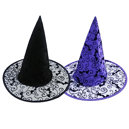 Hooin Sombrero de bruja de Halloween - Sombreros de fiesta de bruja/mago con telaraña de Halloween. Paquete de 2 (negro y morado)