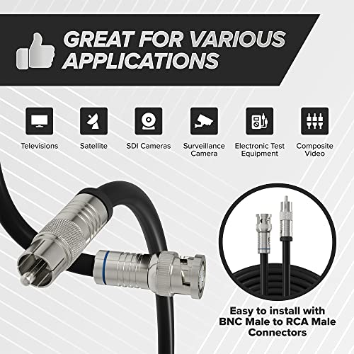 Black, 12 Ft Bnc To Rca Rg6 Cable - Professional Grade - Male Bnc To Male Rca Cable - Bnc Cable - 75 Ohm Coaxial, 50/75 Ohm Connectors, Sdi, Hd-Sdi, Cctv, Camera, And More - 12 Feet Long, In Black #TOP1