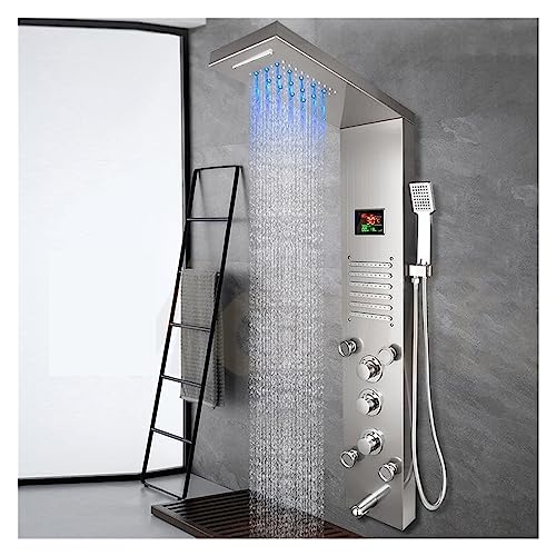 Ensemble de robinetterie de douche Panneau de douche à affichage numérique brossé en nickel gris foncé, jets de spa de douche cascade de pluie à colonne LED, robinet mitigeur de bain-douche(Nickel Bru
