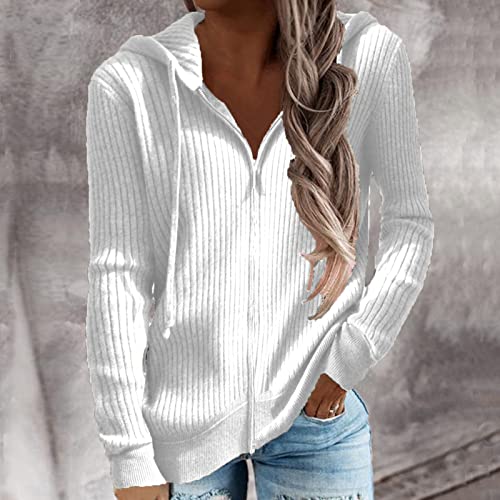 Cocoarm Women's Autumn Winter Rib Knit Long Sleeve Hoodies Zip Up with Drawstring Casual Loose Cardigan Sweater Outwear Coat(XL-White)3