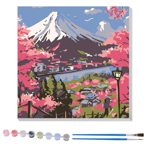 Image of HASTHIP DIY Paint by Numbers Kit for Adults & Kids, Mount Fuji Cherry Blossom Landscape Painting on Canvas, Beginner-Friendly Acrylic Painting Set with Brushes & Numbered Pigments, 20x20cm