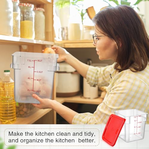 Image of Suclain 2 Pcs Square Food Storage Container Polycarbonate Clear Food Container with Lid Commercial Rice Storage with Graduations for Commercial Kitchen(8 Qt,Red)
